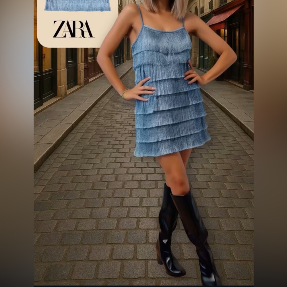 Zara Light Blue metallic Fringe Mini Dress - Picture 2 of 16